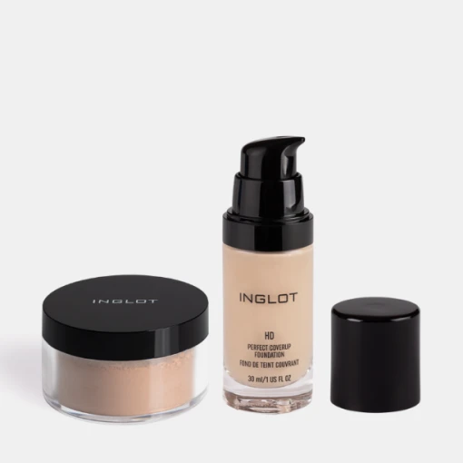 Combo Kem Nền Che Phủ Hoàn Hảo Mịn Lì Hd Perfect Coverup Foundation 74 + Phấn Phủ Vegan Mịn Nhẹ Kiềm Dầu Perfect Finish Loose Powder 04